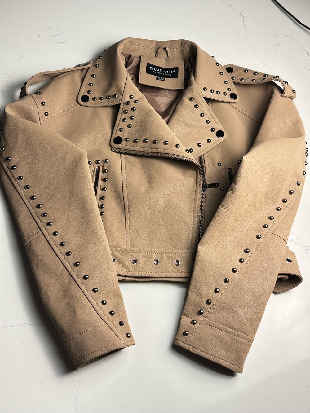 EUC Coalition LA Cream Beige Studded Heart Faux Leather Moto Jacket Large